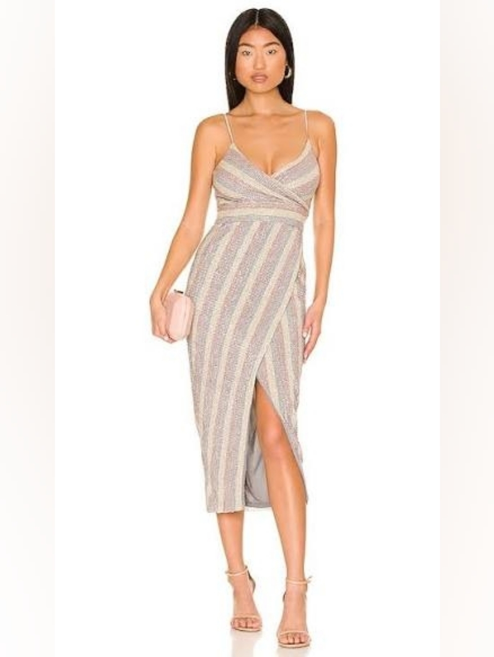 SAYLOR Metallic Striped Wrap Midi Dress in Champagne and Silver